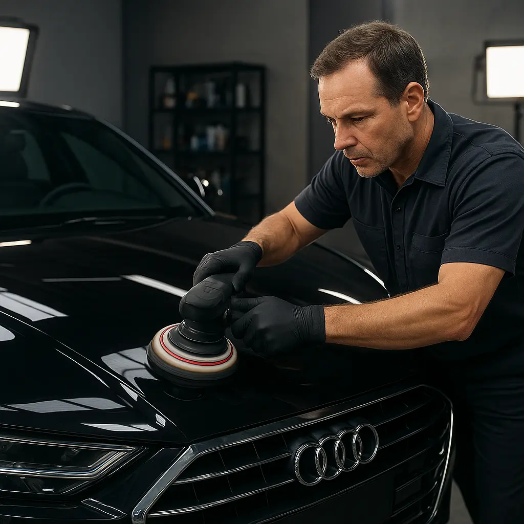 Detailer poliert die Motorhaube eines schwarzen Fahrzeugs